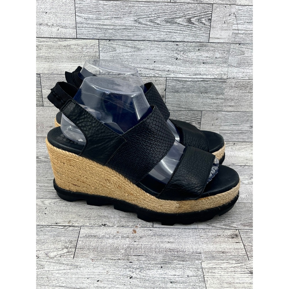 Sorel Joanie II Hi Slingback Wedge Sandals Black Leather Espadrille Women Sz 10 - Picture 3 of 11